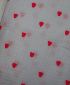 Stoffabschnitt Musselin bestickt mit Neonpinken Herzen 1,5 m