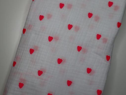 Stoffabschnitt Musselin bestickt mit Neonpinken Herzen 1,5 m