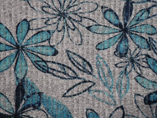 bedruckter Rippenstrick blaue Blumen auf grau meliert