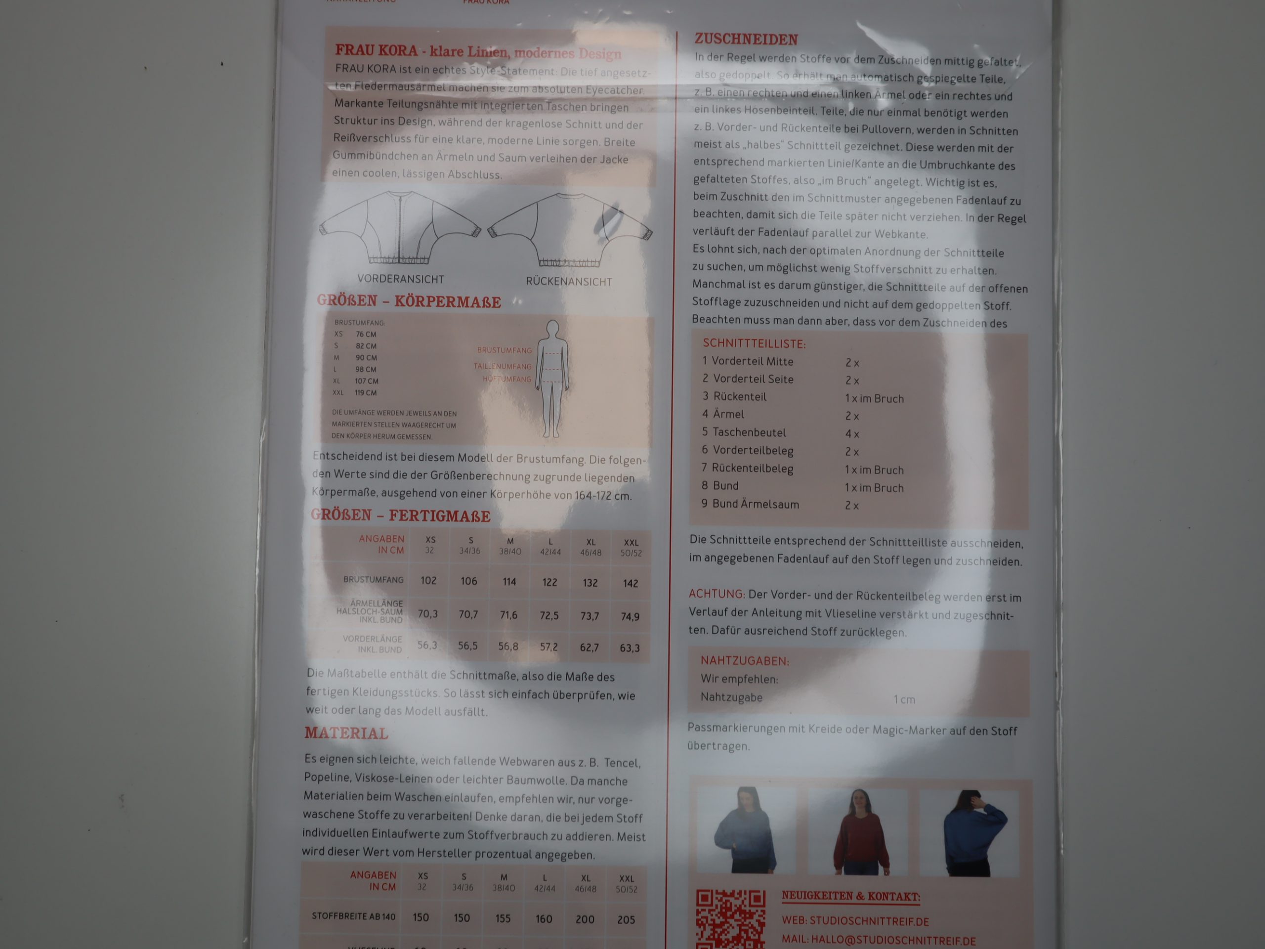 Schnittmuster Studio Schnittreif Frau Kora Leichte Jacke mit Fledermausärmeln Größe XS-XXL – Bild 2