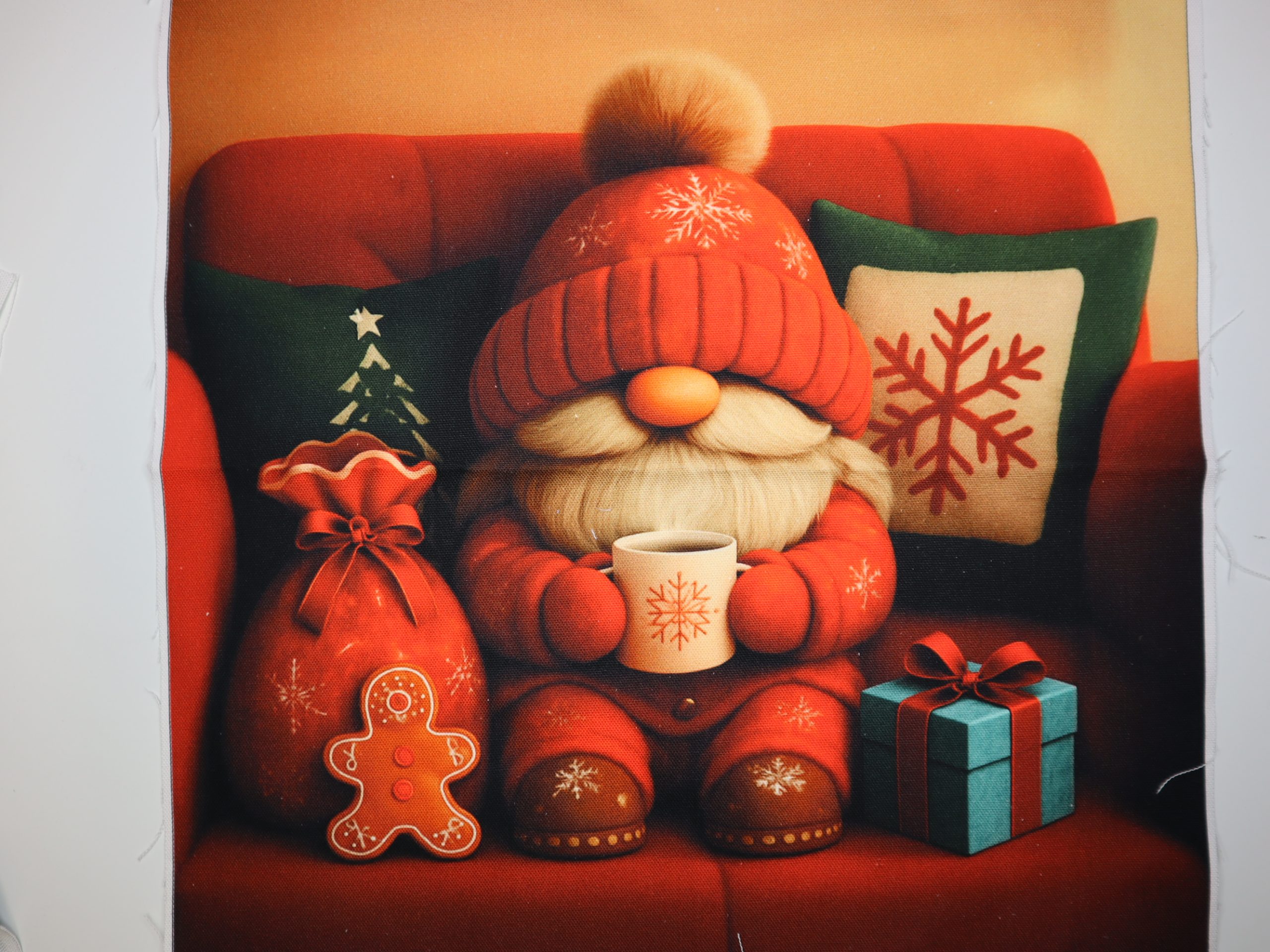 Eigenproduktion Heavy Canvas Panel 41 x 41 cm Weihnachtswichtel auf dem Sofa