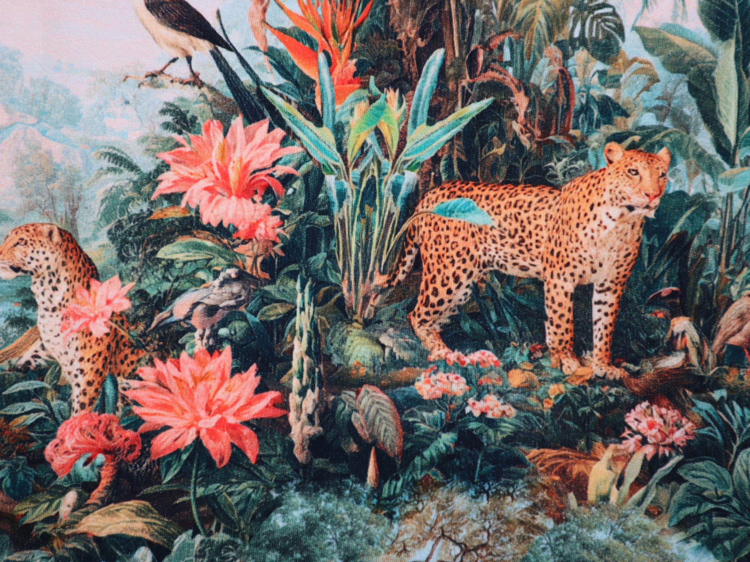 French Terry Dschungelszene mit Leoparden